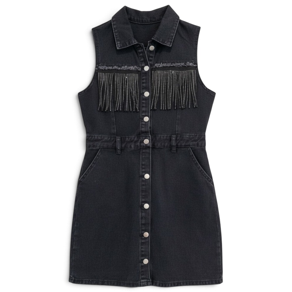 Shein Denim Mini Dress Women M Western Cowgirl Rhinestone Fringe Black